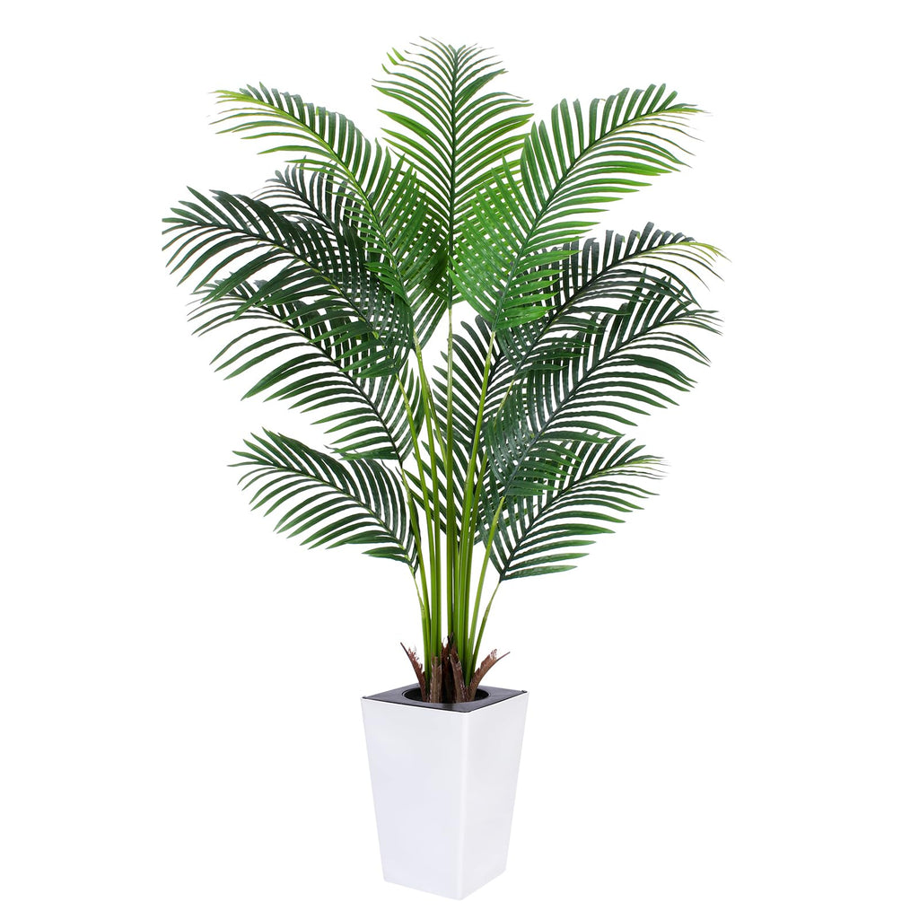 Artificial Palm Tree with White Tall Planter, 5ft Tall Potted Artificial Silk Palm Tree Plant, Fake Tropical Plant