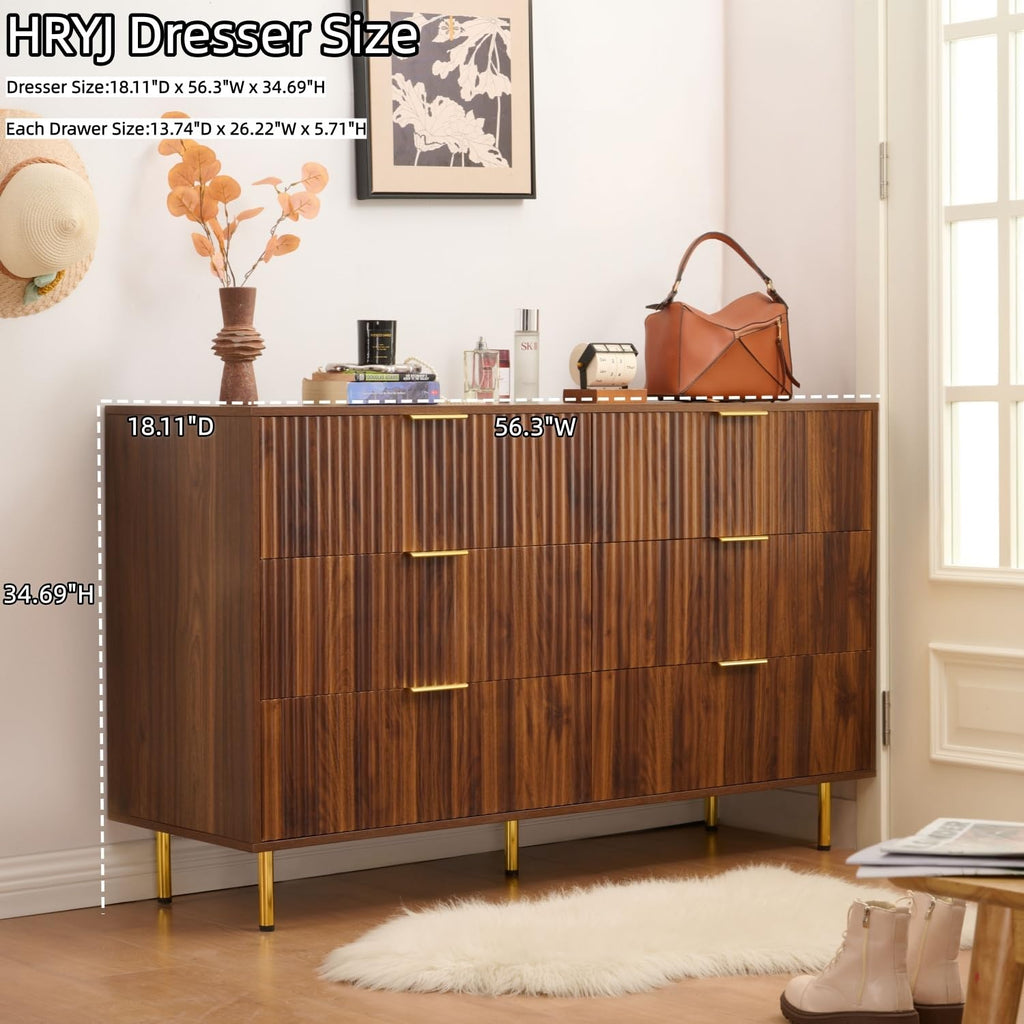 Dark Walnut Fluted 6 Drawers Dresser with Gold Handle
