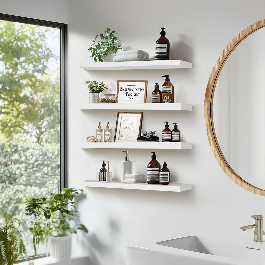 16x5.8x0.8in Floating Wall Shelves Rustic Solid Wood 4-Pack, White