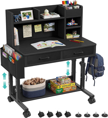 Black Mobile Kids Desk - 32" Height Adjustable Study Table with Hutch