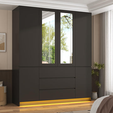 75" Tall Modern Wardrobe Closet with 2 Mirrors, LED Lights, 63"W Armoire Wardrobe Cabinet with 3 Drawers, Hanging