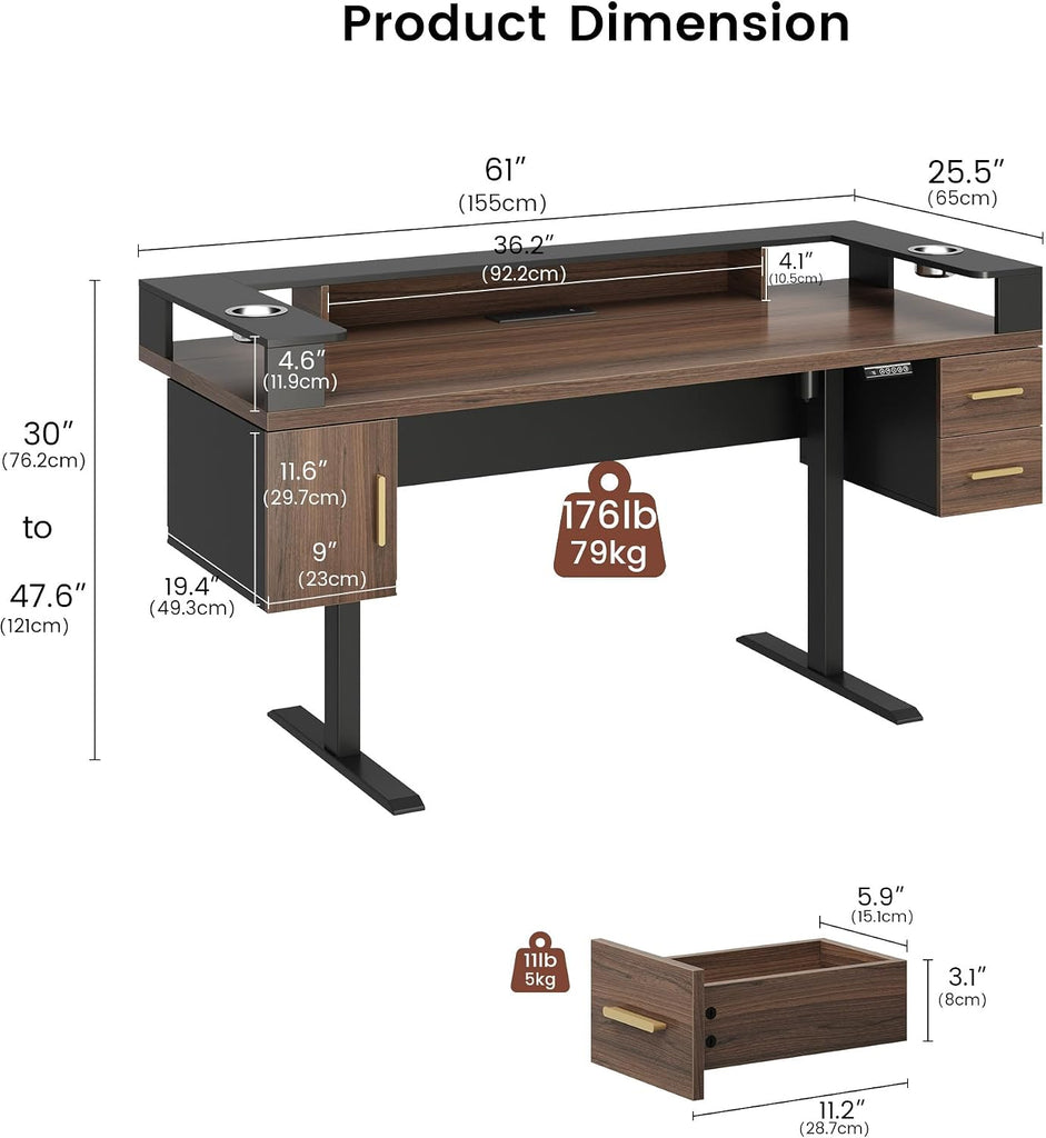 61'' Electric Standing Desk with Drawers, Dual Cup Holders | Height Adjustable Desk, Built-in Power Outlet & USB
