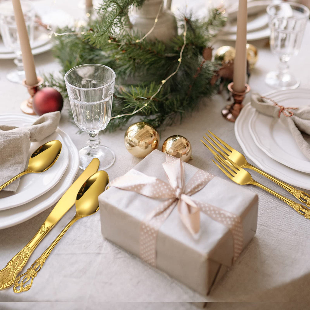 Retro Silverware Gold Set for 4 Stainless Steel Flatware Royal 20 Piece Cutlery Sets Knives Spoons Forks Vintage