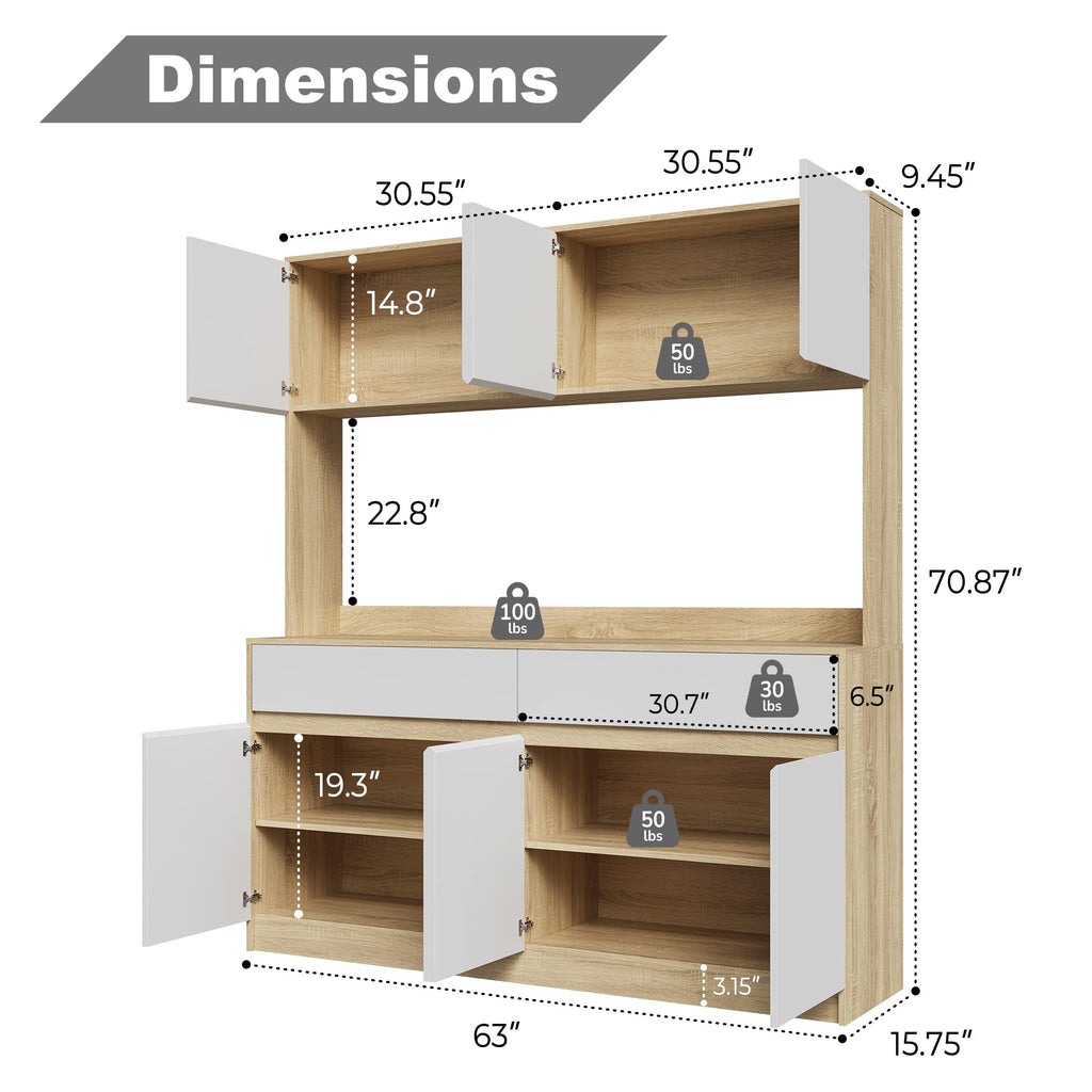Kitchen Hutch Storage Cabinet, 63" W Large Pantry Cabinets with Microwave Oven Countertop, Freestanding Kitchen