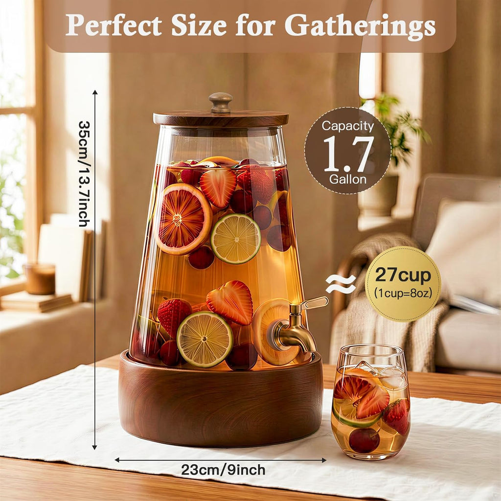 1.7 Gallon (6.4L) Glass Drink Dispenser with Spigot & Wooden Base - Large Rustic Beverage Dispenser for Parties, Iced