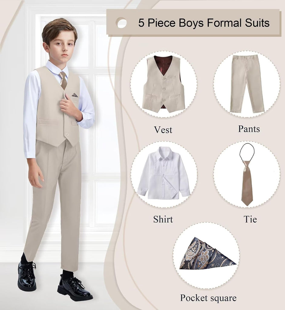 Boys Suit Kids Dress Pants Vest Suits Set with Shirt Tie Pocket Square