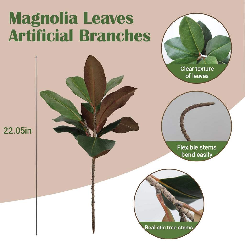 3Pcs Magnolia Leaves Artificial Branches Faux Greenery Stems Fake Leafs Faux Plant Stems for Vase Filling Floral