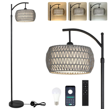 Arc Floor Lamp, Boho Standing Lamp with Remote & LED Smart Bulb, Rattan Floor Lamps with 3 Color Temperatures