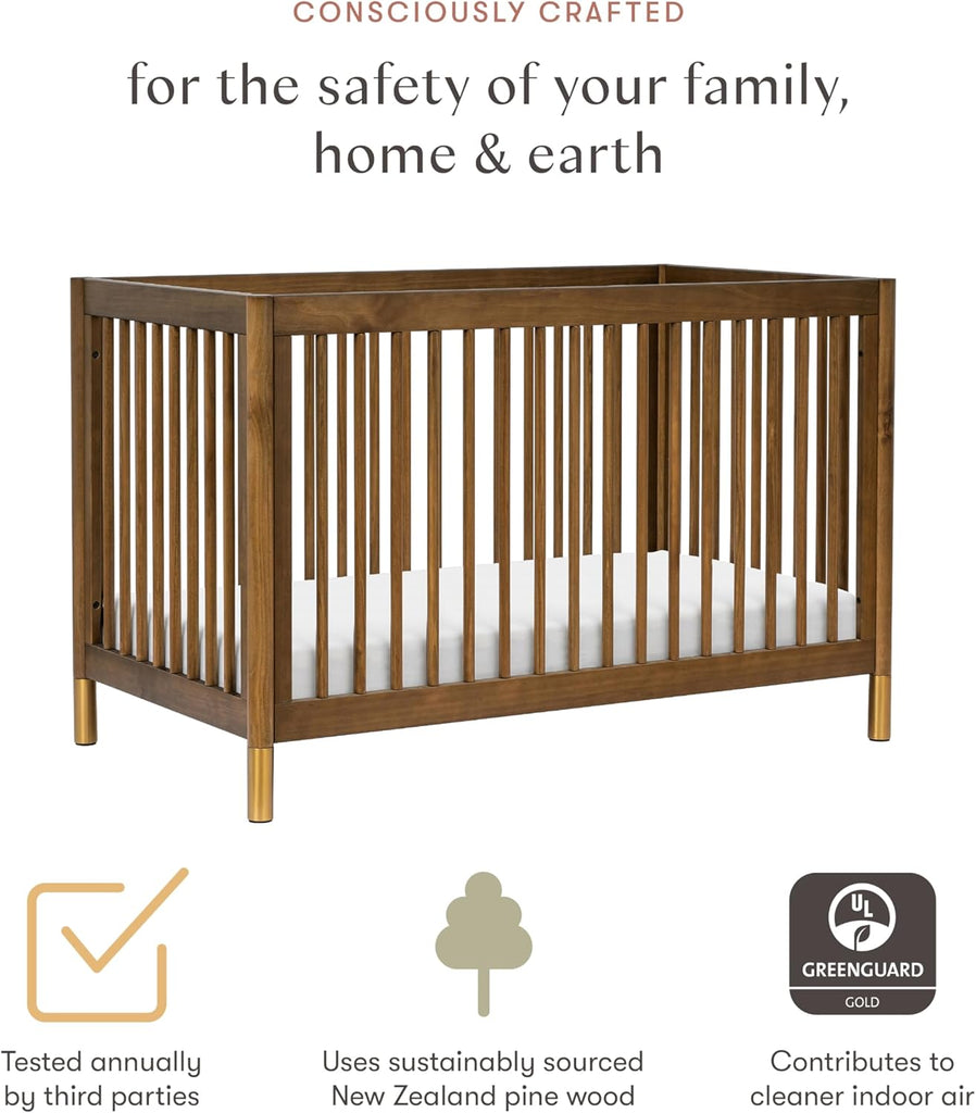 Gelato 4-in-1 Baby Crib, Natural Walnut & Brushed Gold Feet | GREENGUARD Gold Certified Convertible Crib - Converts
