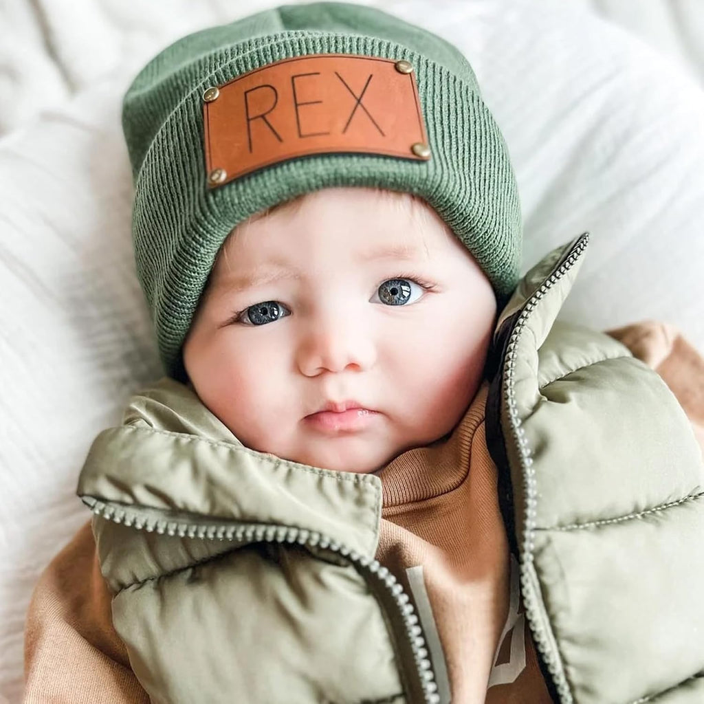 Custom Toddler Baby Beanies, Mama Mini Matching Hats, Leather Patch Baby Knit Hats, Winter Beanies for Infant, Kids