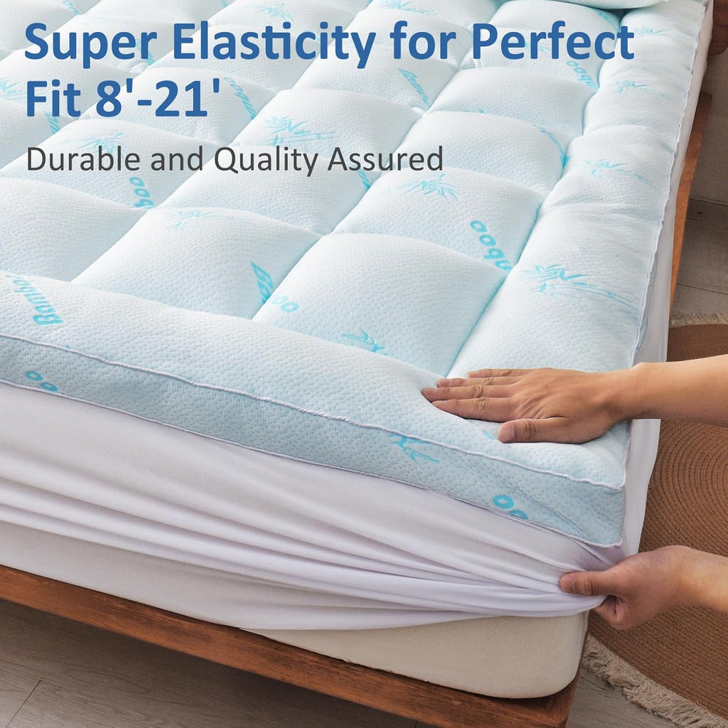 Mattress Topper Queen Size - Cooling Extra Thick Breathable Viscose Made from Bamboo Mattress pad - Soft Quilted