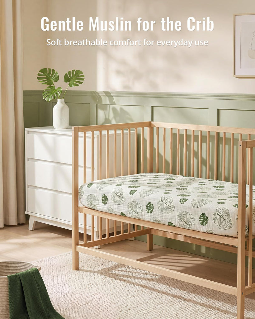 Muslin Crib Sheets, 2 Pack, Monstera & Dark Green