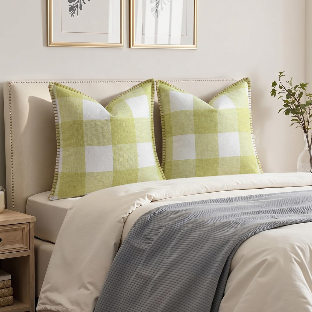 Fall Plaid Linen Throw Pillow Covers 18x18 Set of 2 Sage Green
