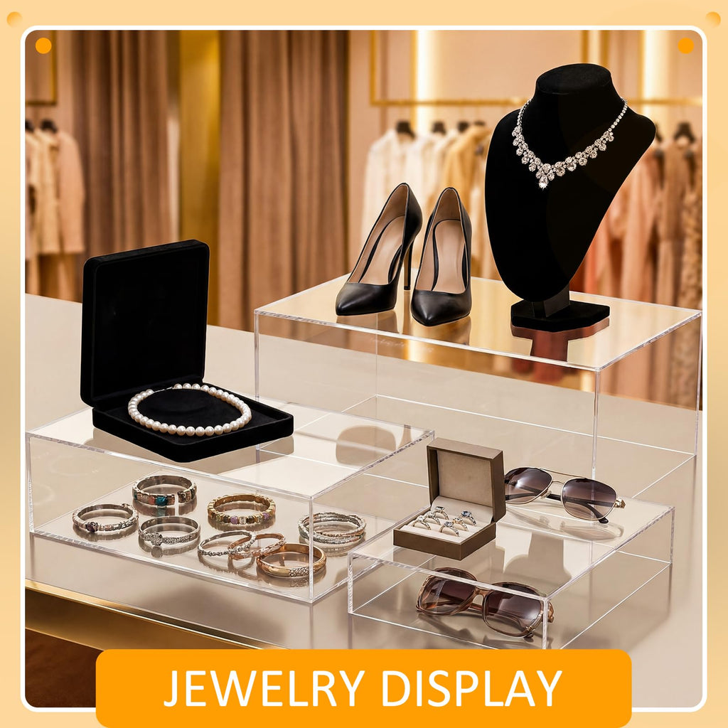 3 Pack Extra Large Acrylic Risers - 14", 12", 10" Clear Display Stands with Hollow Bottoms, Cube Buffet Riser Boxes