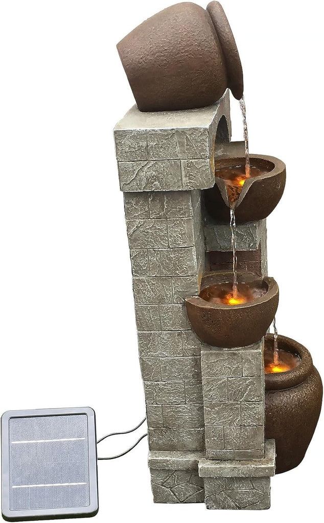 28 in. Cascading Bowls and Stacked Stones LED Outdoor Water Fountain Living Spaces to Create a Calming Oasis
