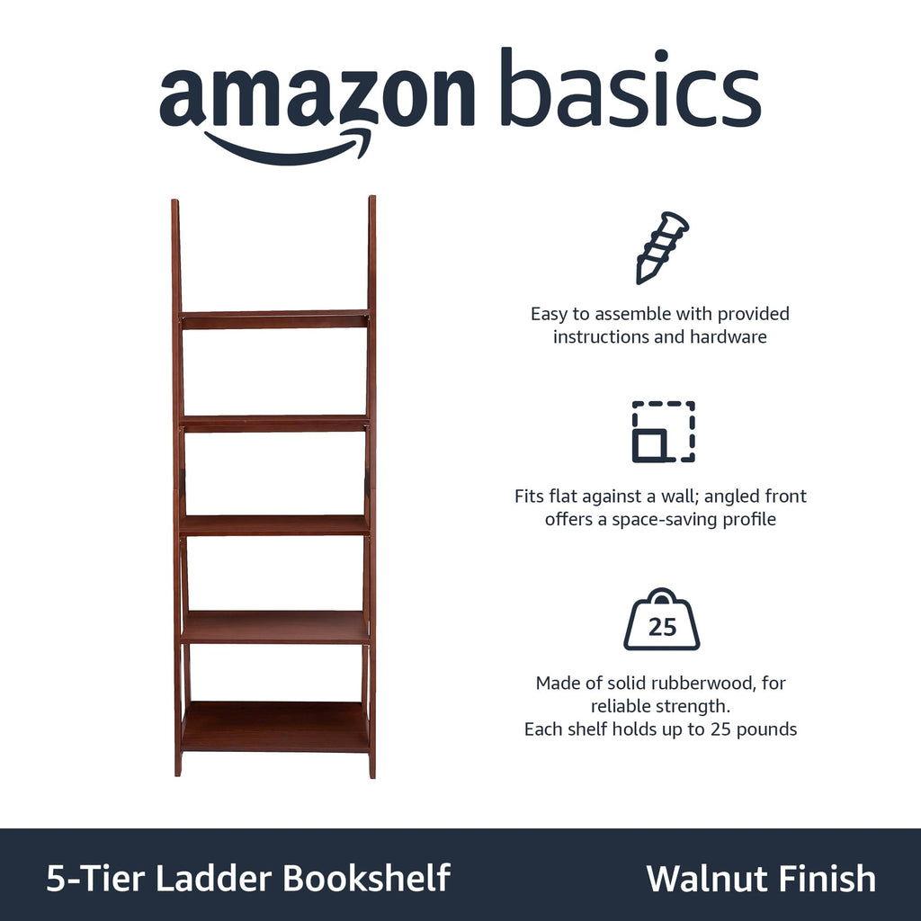 5-Tier Ladder Bookshelf Storage Organizer, Solid Rubberwood Frame, Space-Saving Bookcase, Sturdy Shelves, Walnut
