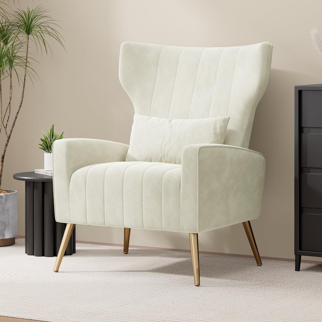Velvet Accent Chair Wingback , High Back Arm Chair with Golden Legs Lumbar Pillow, Upholstered Single Sofa Bedroom