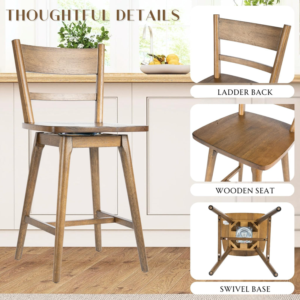 Swivel Counter Stools Set of 6, 24.5" Counter Height Solid Wood Bar Stools with Back & Wood Seat, Walnut Finish, Mid
