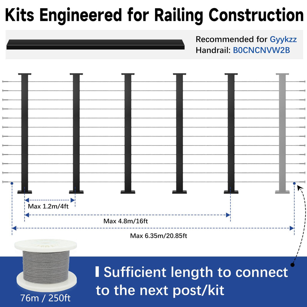 16-20FT Modular Cable Railing Post Kit for Deck Surface Mount 42Inch