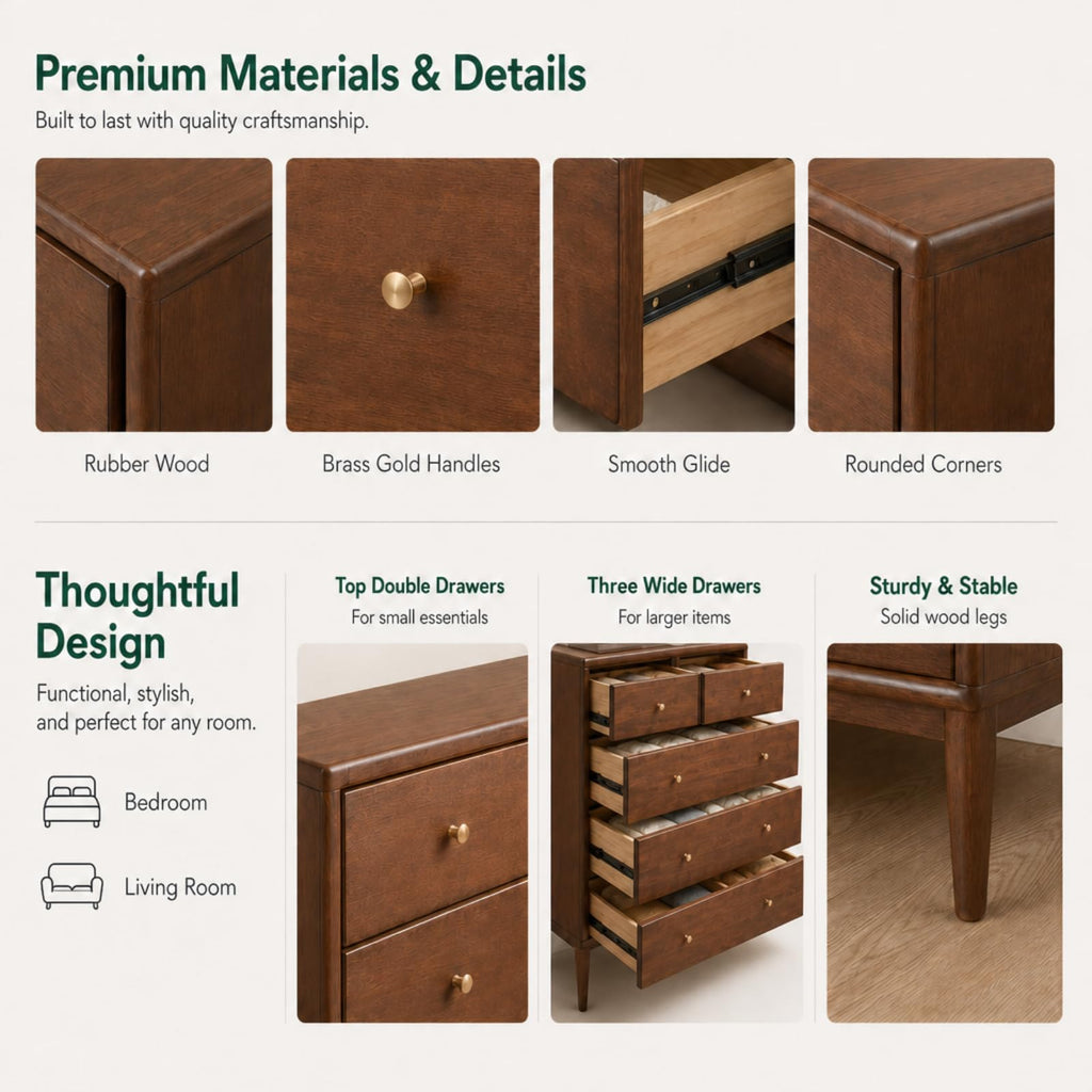 100% Solid Wood Nightstand with 5 Drawer, 5 Drawer Side Table, Wooden Storage Organizer, Tall Walnut Nightstand