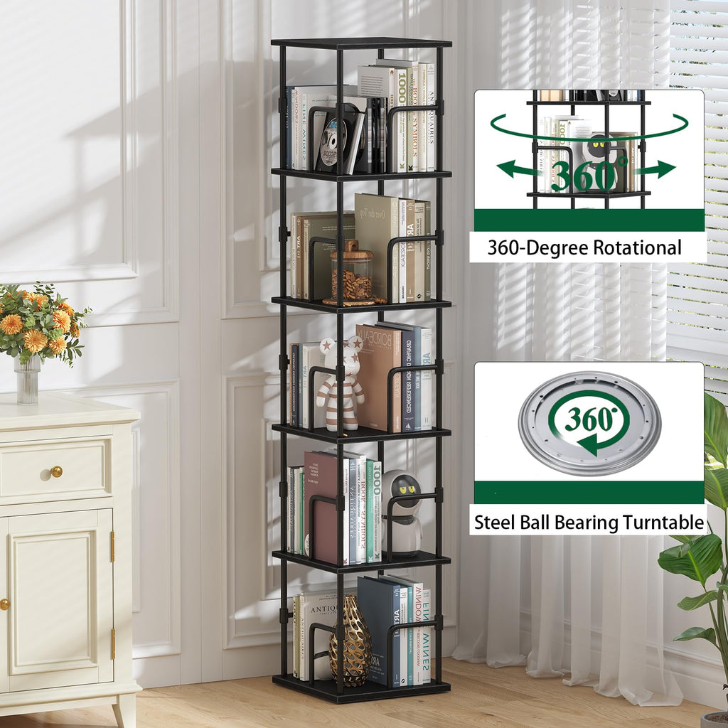 5-Tier Rotating Bookshelf, Freestanding Corner Bookshelf Industrial Style Storage Rack with Rails