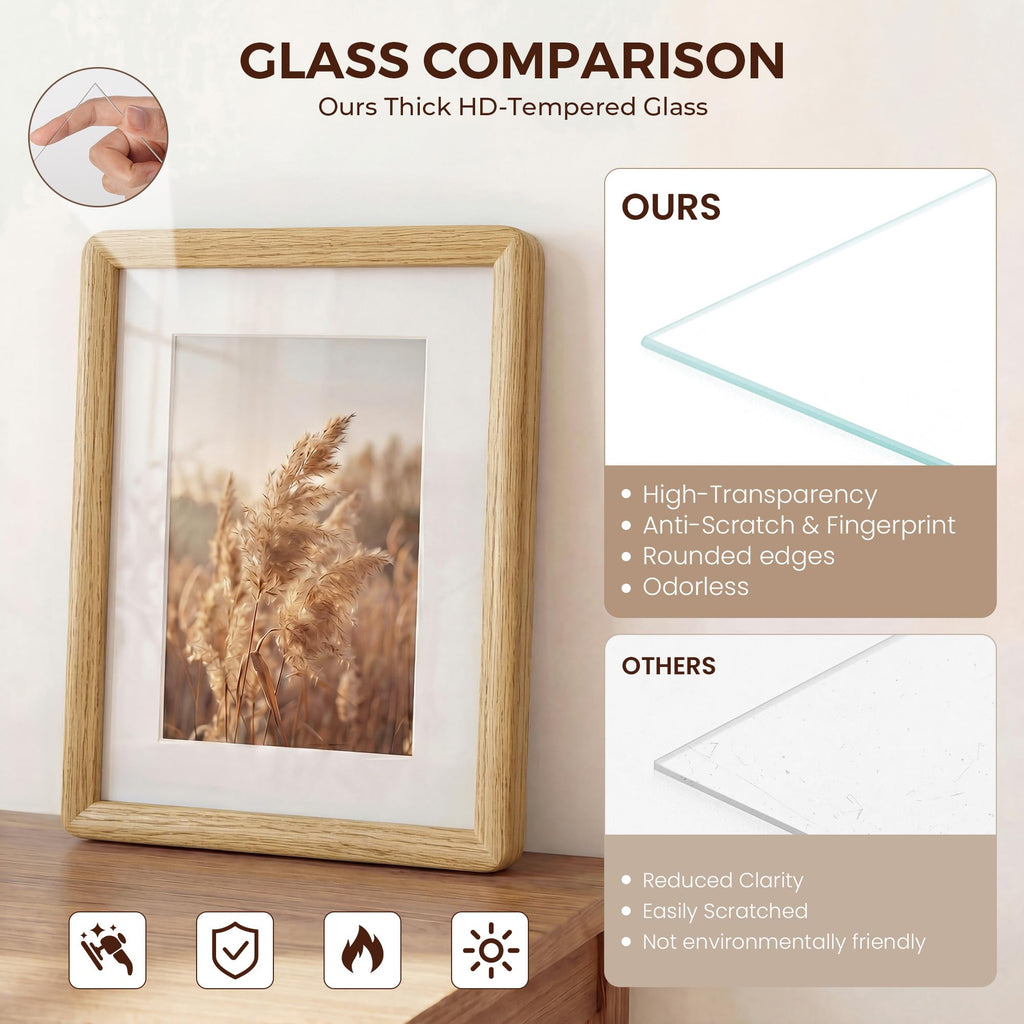8x12 Picture Frame, USA-Sourced Oak Wood Frame with HD Tempered Glass, Handcrafted Rustic Farmhouse Picture Frame for