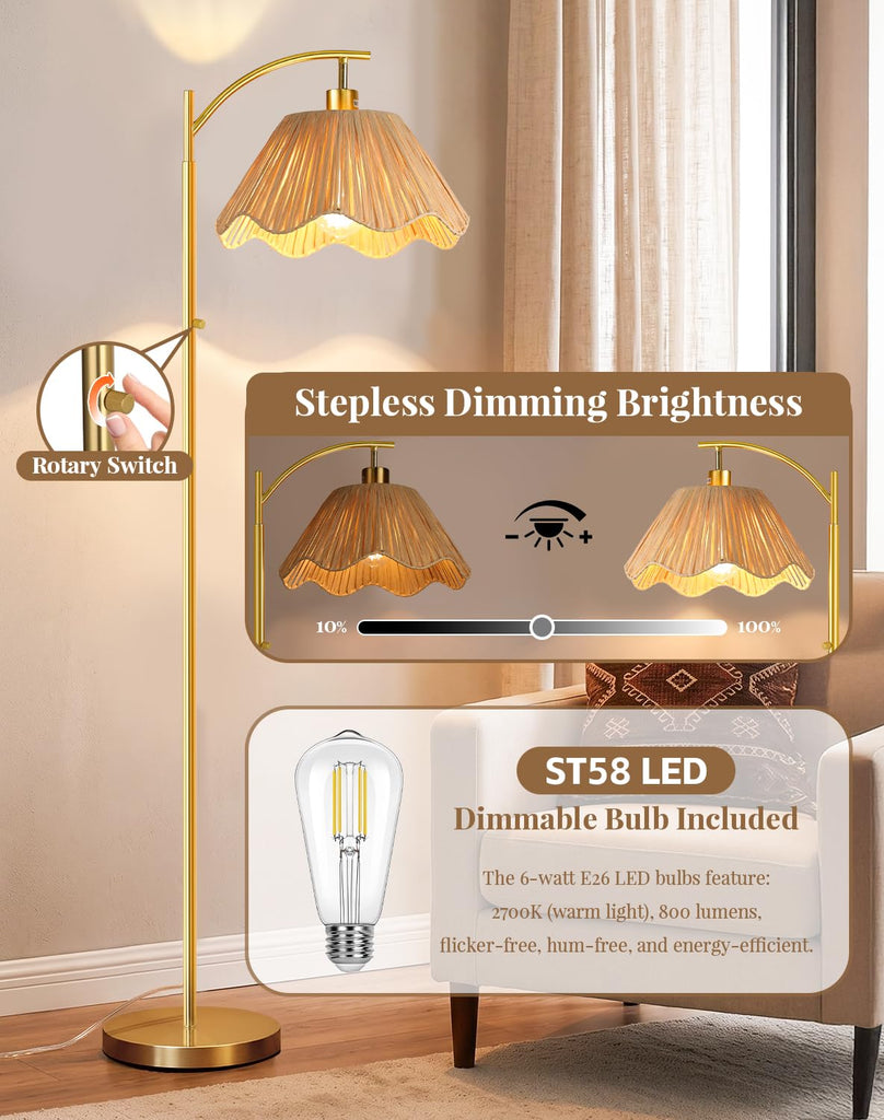 Arc Floor Lamp, Rattan Boho Floor Lamp with Hand-Woven Raffia Shade, Stepless Dimmable Rotary Switch, 63" Gold