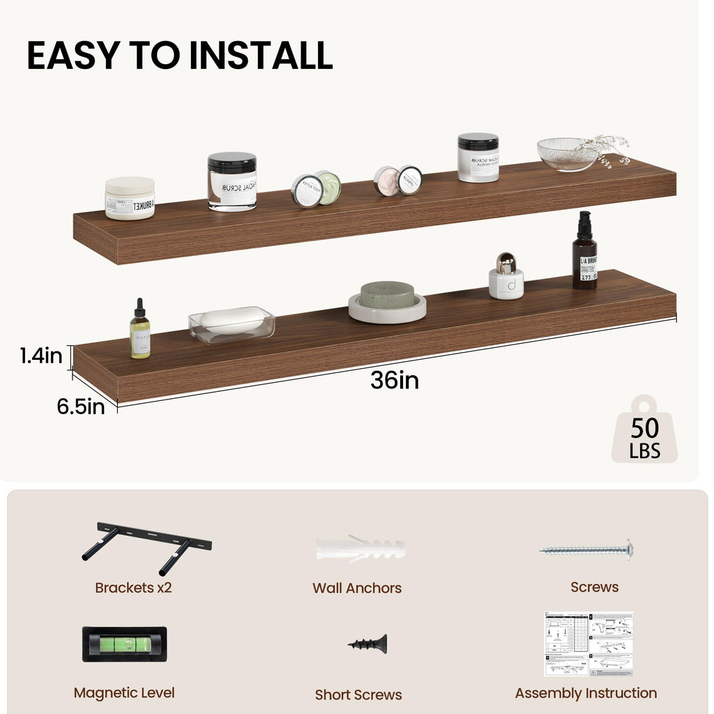 36 Inch Floating Shelves Wall Mounted for Display, 6.5 Deep Duty Shelves with Invisible Brackets Storage & Decor, 36"