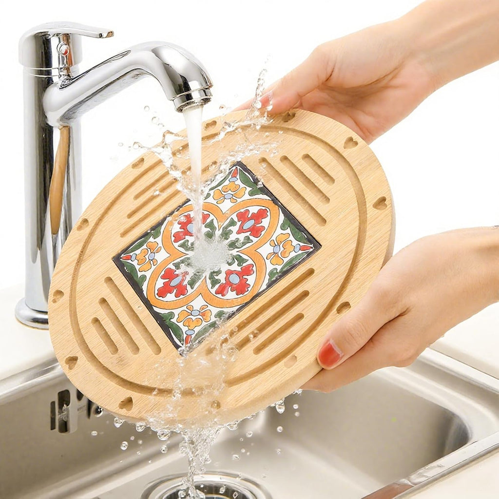 Wooden Round Trivets for Hot Dishes, 8.6 Inch Heat Resistant Pots and Pans Tea Pot Holders, Non-Slip Coasters - Set of 3