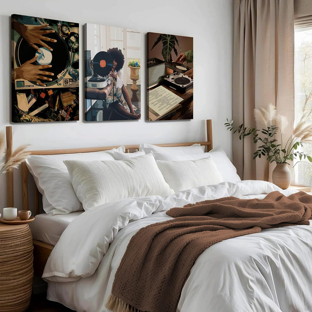 Black Girl Wall Art Decor Modern Black Woman Painting Prints, Set of 3 African American Music Record Player Poster