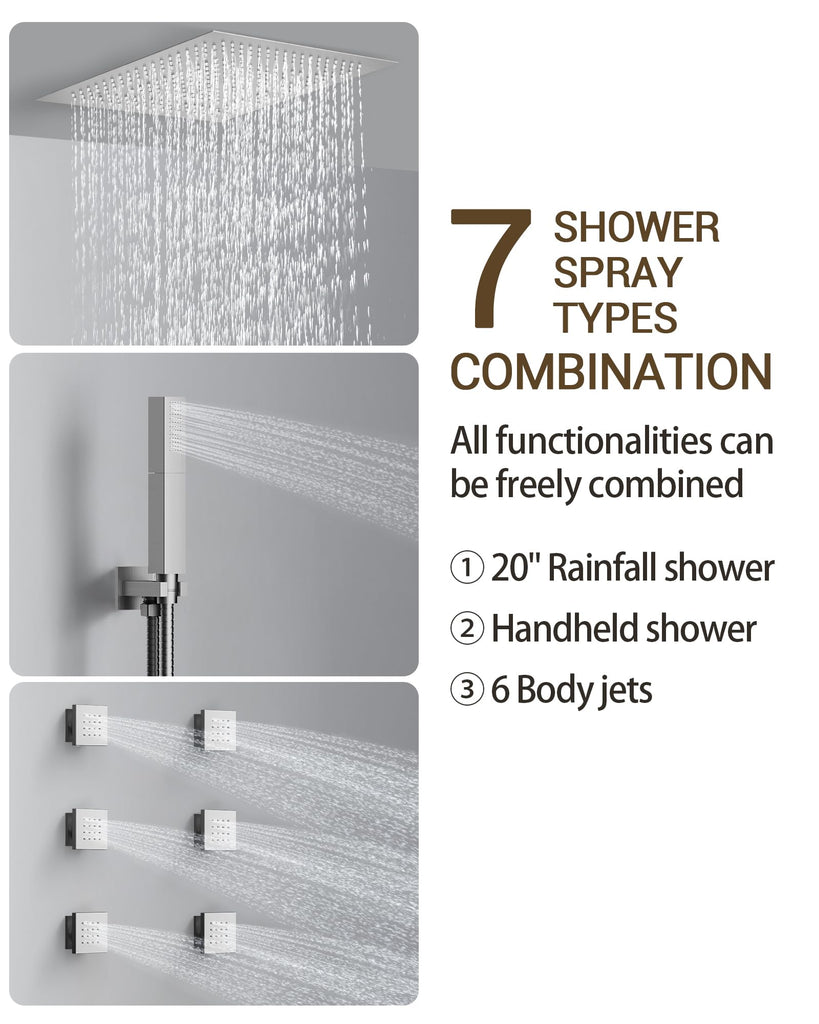 20" LED Ceiling Shower System with 6 Jets, Brushed Nickel