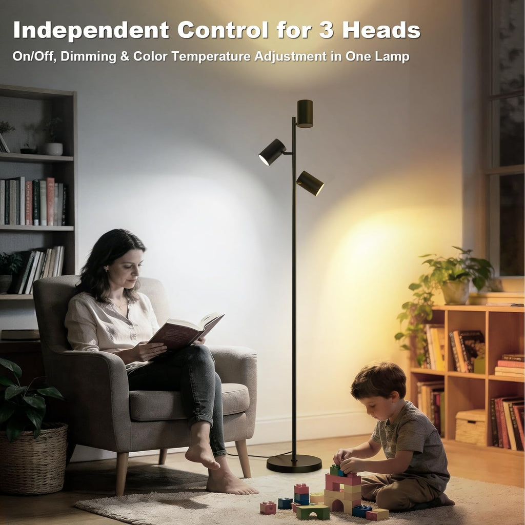 LED Tree Floor Lamp, 36W Super Bright Reading Lamp with Remote, Dimmable Tall Standing Light with 3 Rotatable