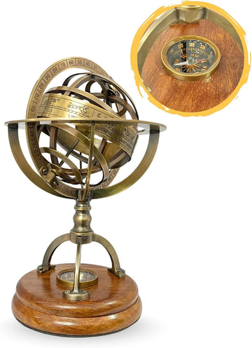 Armillary Sphere Globe with Celestial Engravings, Compass at Center for Authentic Navigation, and a Sturdy Elegant