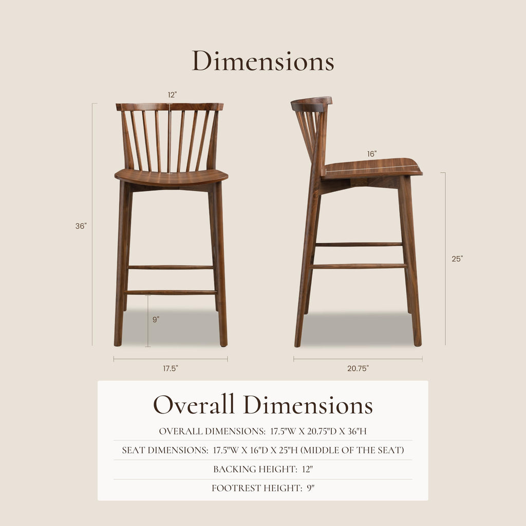 Ligna Counter Stool Walnut - Mid-Century Inspired Stool with Sculpted Spindle Back - Solid American Oak Frame and