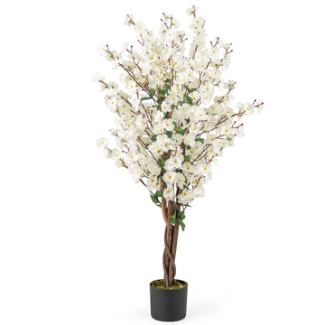 47" Artificial Wintersweet Tree, Faux Plum Blossom Plant with White Fabric Flower, Solid Wood Trunk, Fake Potted