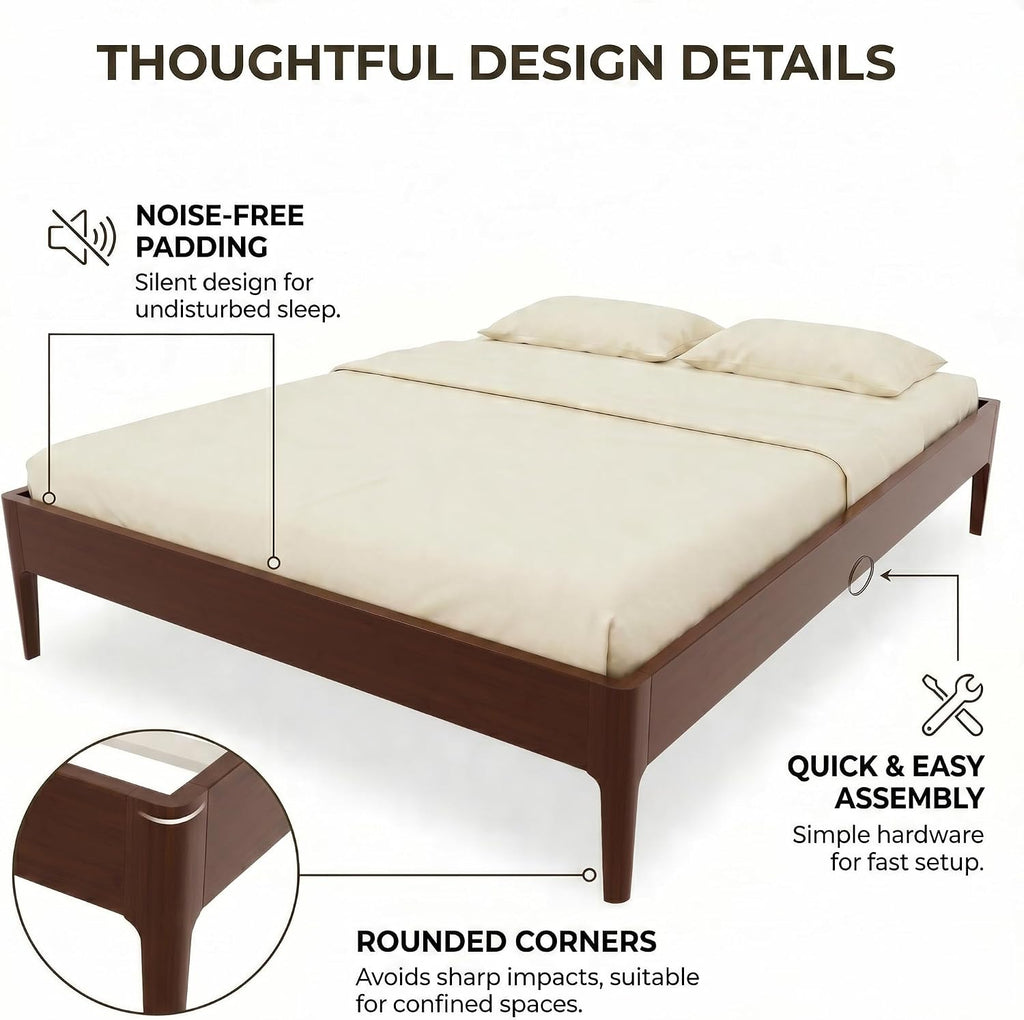 Full Size Japanese Wooden Bed Frame, Mid-Century Chocolate Wood Low Platform Bed, 9 inch Low Under Bed Storage
