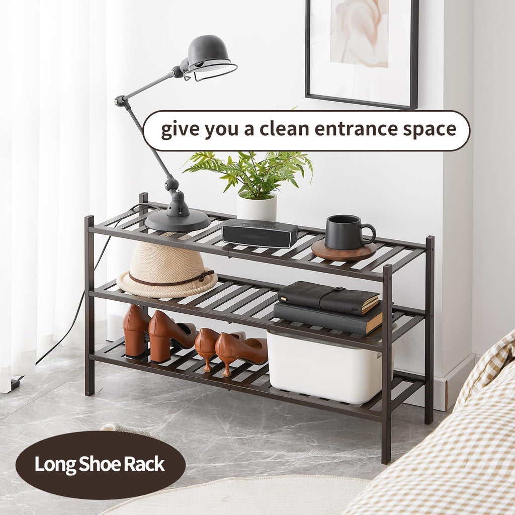 Long Shoe Rack, Bamboo Stackable Shoe Shelf Storage Organizer, Shoe Stand for Closet, Entryway and Hallway (Brown