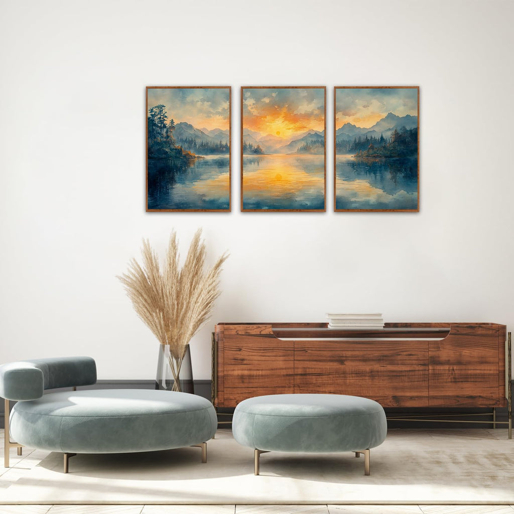 Mountain Lake Sunset Framed Wall Art Set of 3, 24x36 Landscape Decor