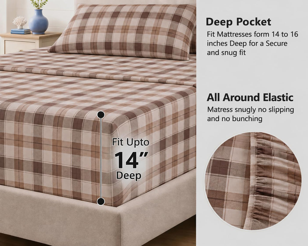 100% Cotton Flannel Sheets, 4 PCs, Beige & Grey Plaid