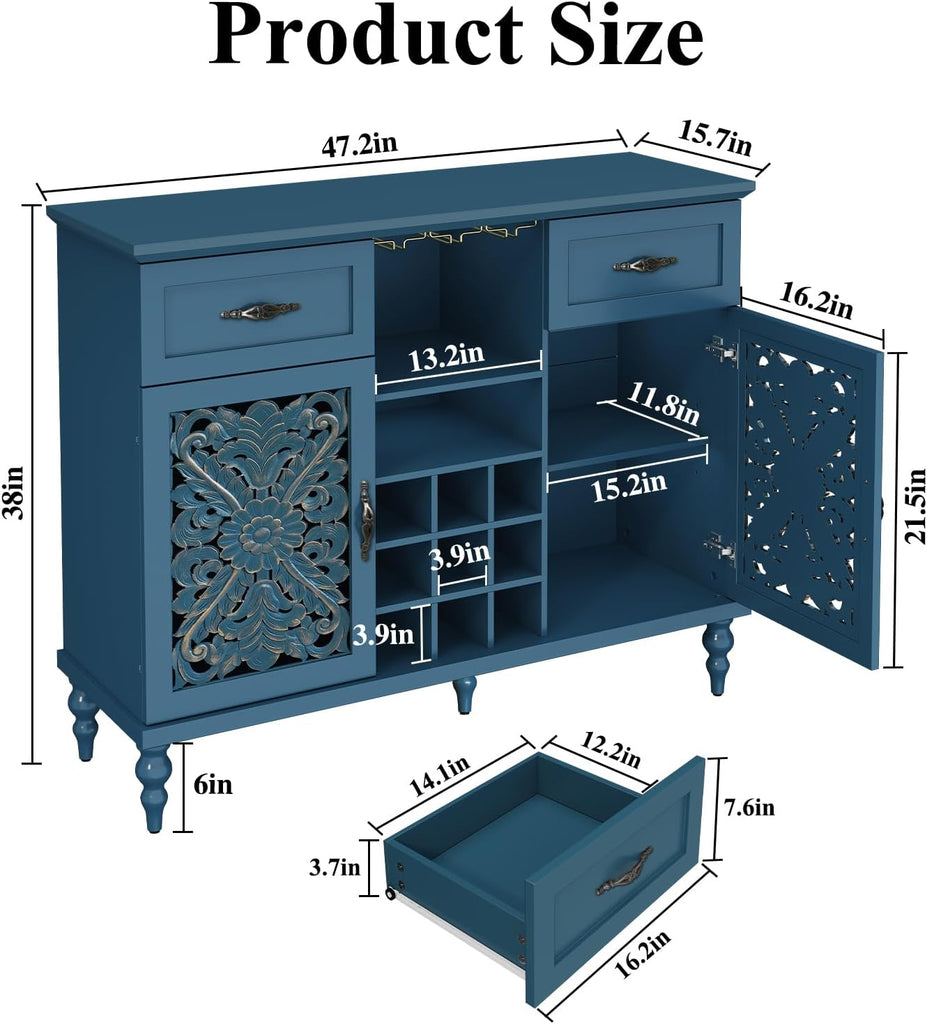 47.2" Vintage Wine Bar Cabinet with 2 Hollow Carved Door, Antique Liquor Cabinet with 9 Wine Racks and Glass Holder