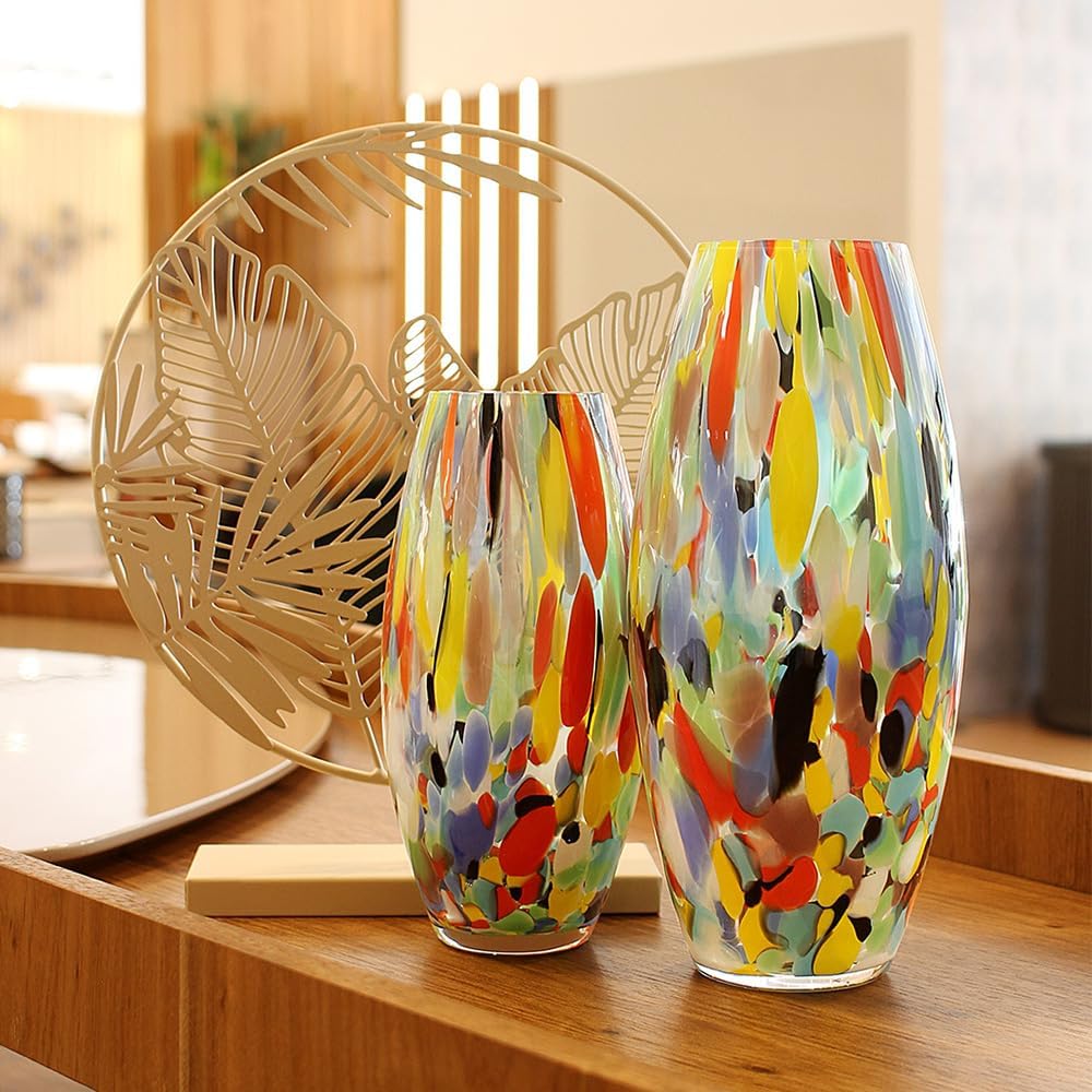 Murano Style Art Glass Vase Hand Blown Colorful Confetti Effect Home Decor | Hand Blown Glass Vase, Decorative Table