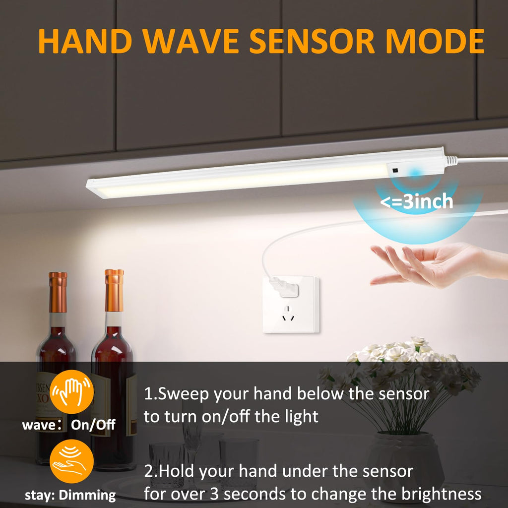 16 Inch Under Cabinet Lights 2 Pack, Hand Wave Motion Sensor LED Light Bar, Plug in Dimmable Under Counter Lighting