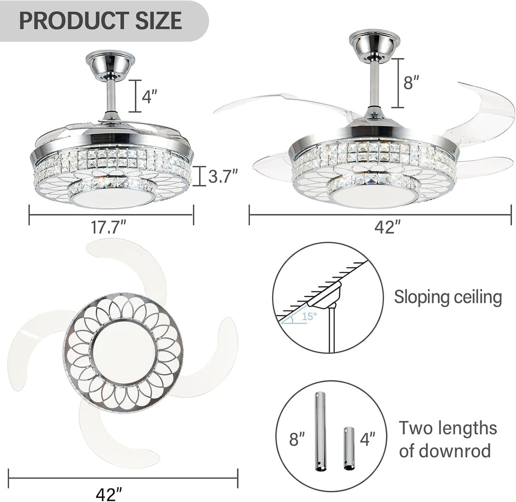 42" Retractable Ceiling Fans with Lights, Crystal Chandelier Ceiling Fan with Remote & APP Control, Modern Dimmable