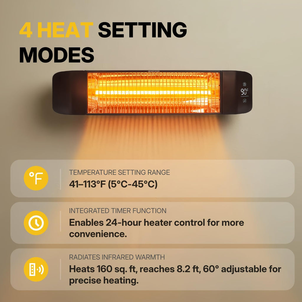 Outdoor Heater Electric 1500W Infrared Patio Heaters Smart Control with 24H Timer, IP65 Waterproof, Wall or Ceiling