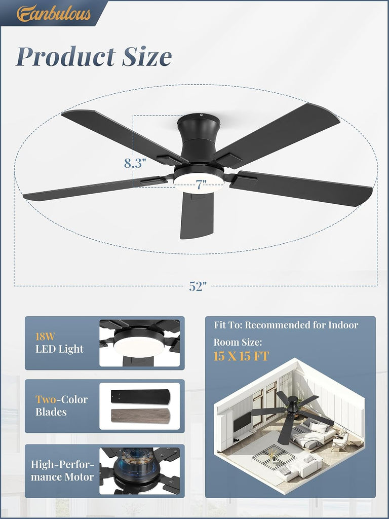 52 inch Ceiling Fan with Light, Low Profile, App & Remote Control