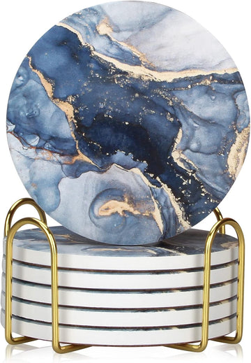 Coasters, Navy Blue Marble Abstract Ceramic Coasters with Holder - Set of 6
