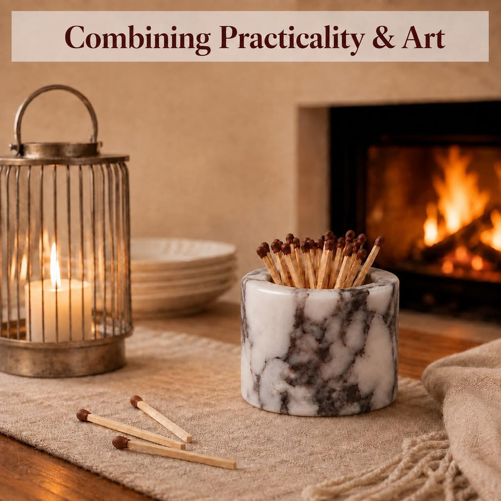 Marble Match Holder with Striker: Mini Decorative Stone Matches Box