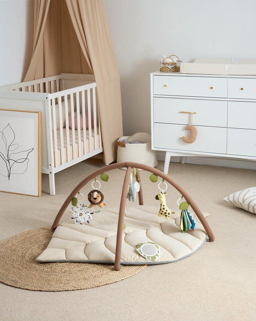 Play Gym & Activity Mat, Leaf Shaped Baby Tummy Time Play Mat with 6 Detachable Toys, Promotes Motor Skills & Sensory