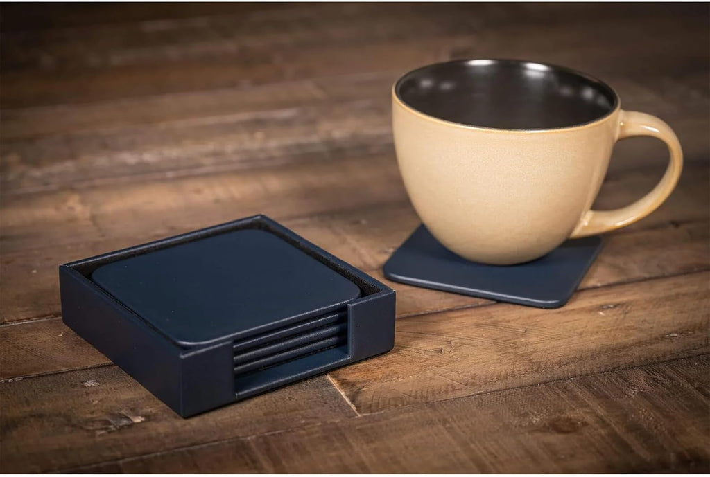 Navy Blue Leatherette Square Coaster Set - Luxury Navy Blue Leatherette Square Coaster - Office Accessories &