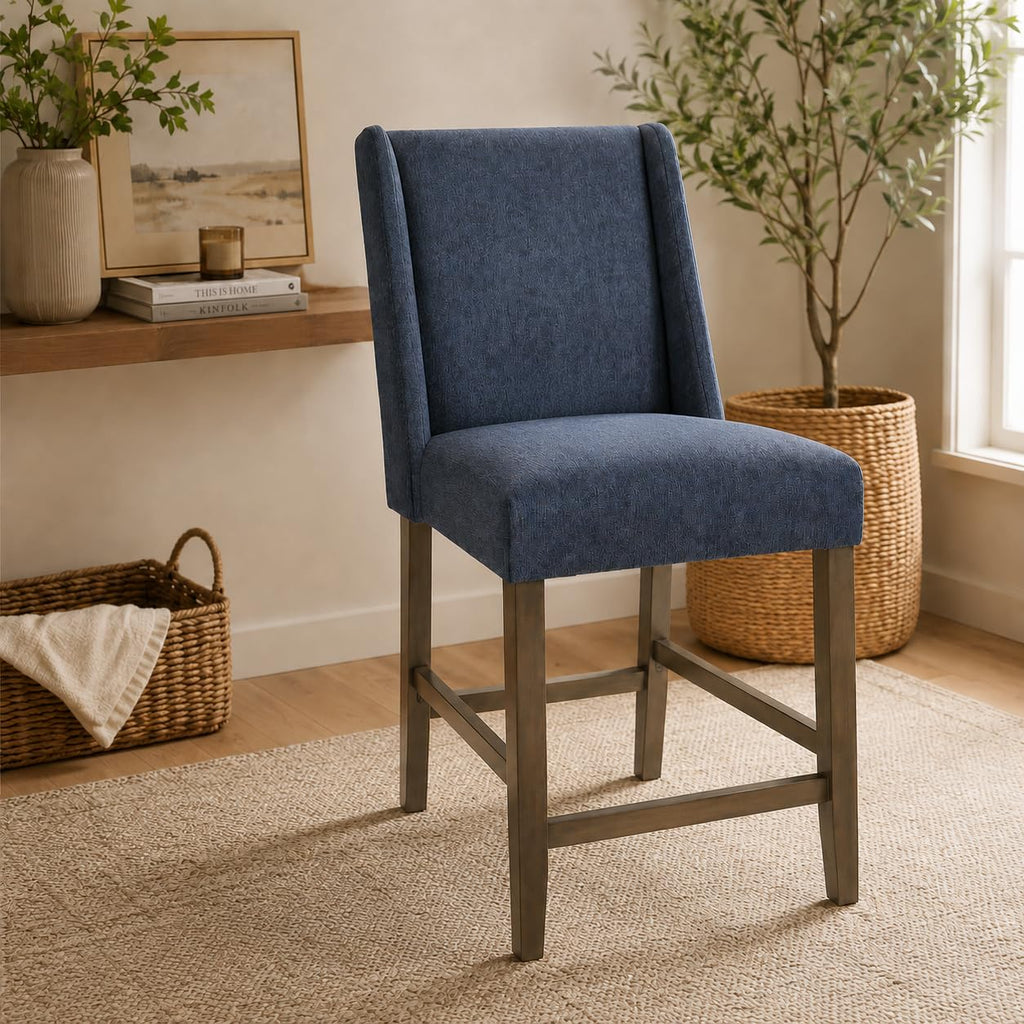 Upholstered Counter Stool, 24-Inch, Navy Woven